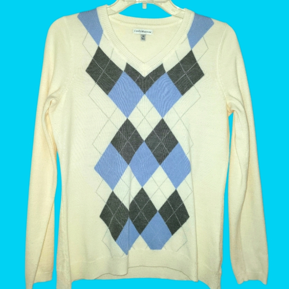 Croft and Barrow Argyle V-neck Sweater Size XS Cream VGUC